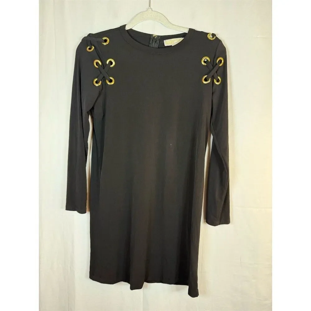 Michael Kors Dress Womens Size S Black Long Sleeve Shift Gold Grommet